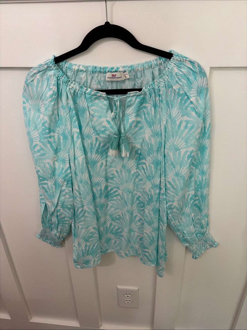 Vineyard Vines Aqua and White Printed Peasant Blouse with Tassel Tie